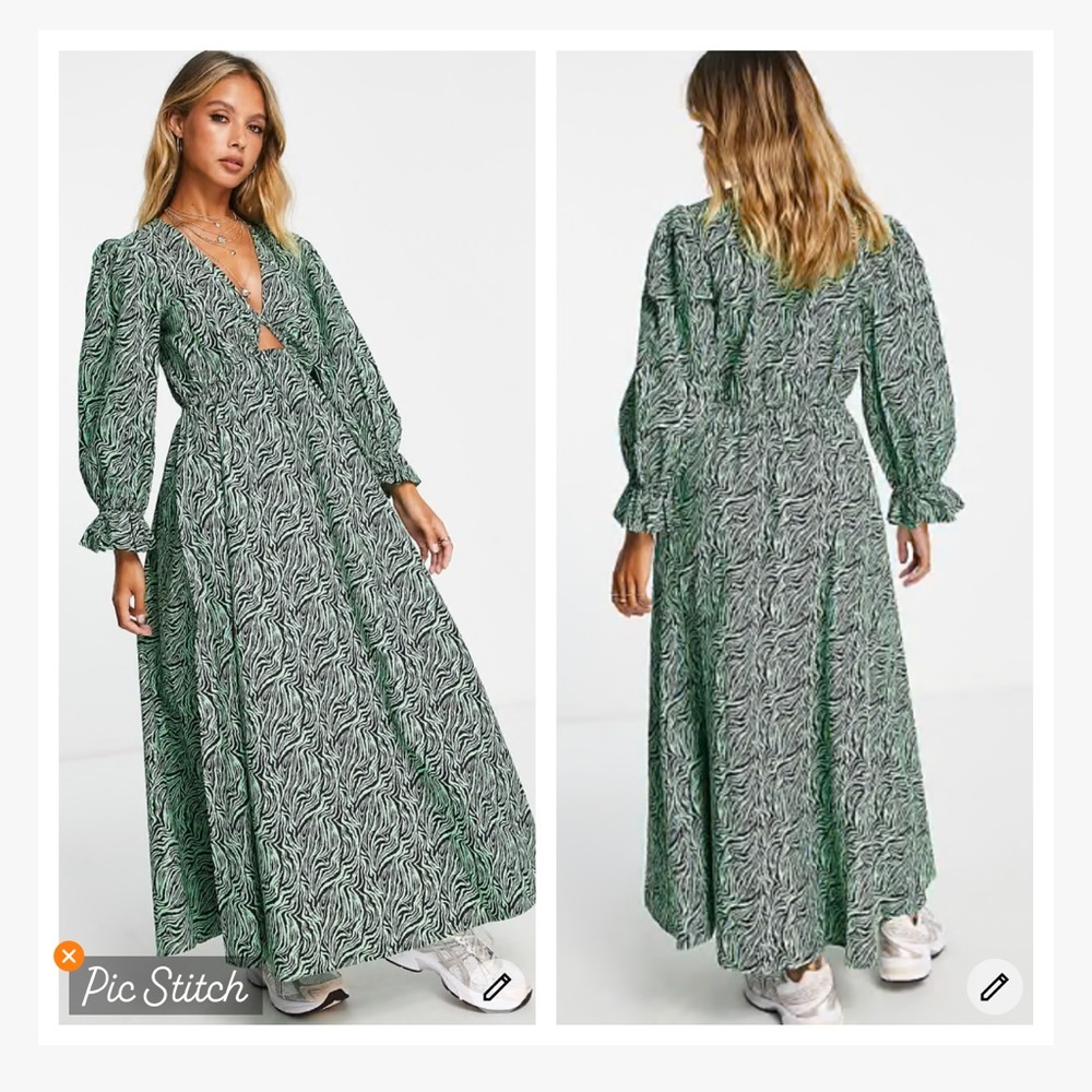 Asos Design Cotton Midi Smock Dress Green Zebra